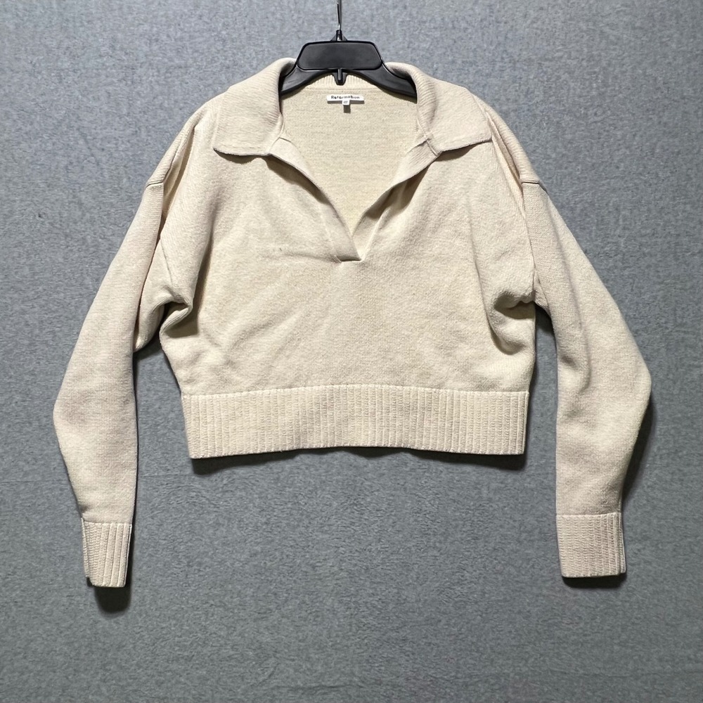 Reformation Women's Francesco cotton polo Collared Knit Sweater Beige Cropped XS